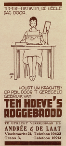 717406 Advertentie voor Ten Hoeve's Roggebrood, dat in Utrecht verkrijgbaar is bij de N.V. Luxe Broodbakkerijen v.h. ...